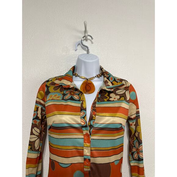 VTG 90s Does 70s daModa Boho Hippie Stripe Floral Shirt Dress S Brown Crunchy - Picture 5 of 14